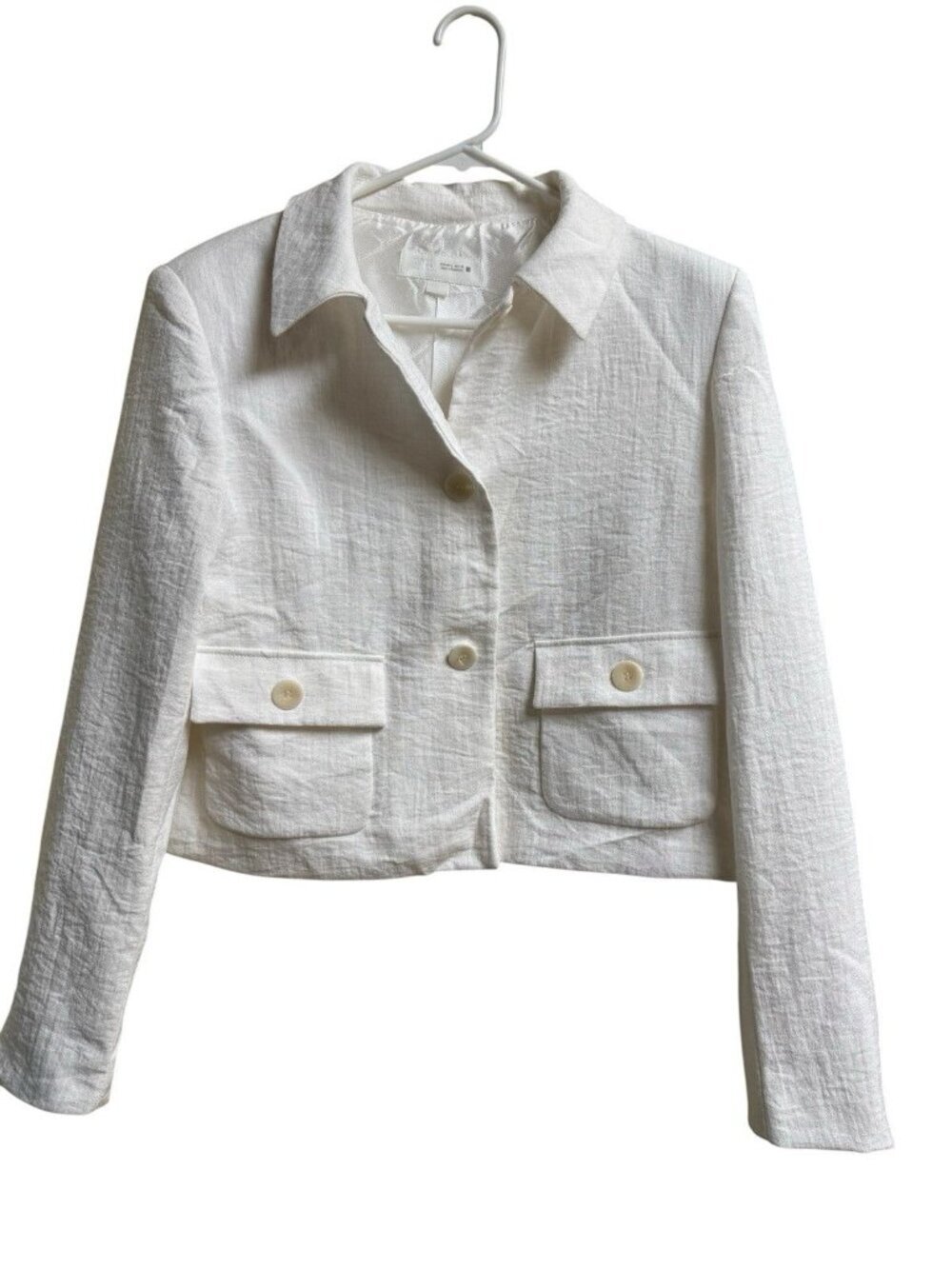 Zara White Cropped Utility Jacket Size L Viscose Blend White Button Front